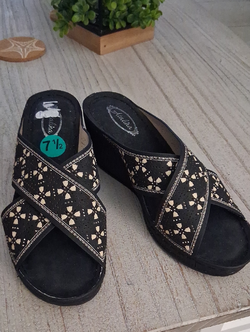 Atalina Black and Cream Crisscross Wedge Sandals